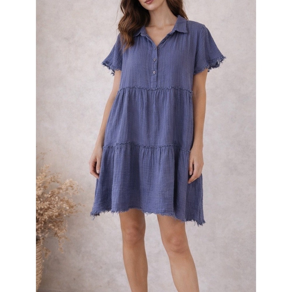 STARK X Gauze Cotton Dress Medium Blue Tiered Raw Hem Boho Langenlook Minimalist